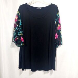 Kim & Cam Womens 3X Tunic Pullover Stretch Short Sheer Embroidered Sleeves Black